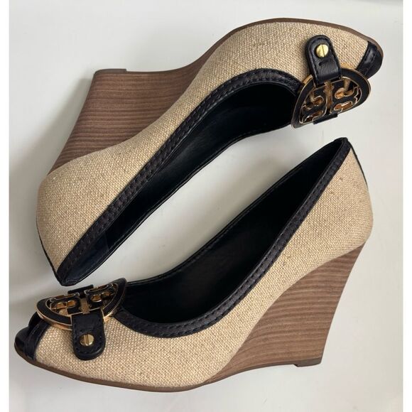 Tory Burch Leticia Peep-Toe Canvas /Leather Wedge Size 8.5 - Picture 4 of 9